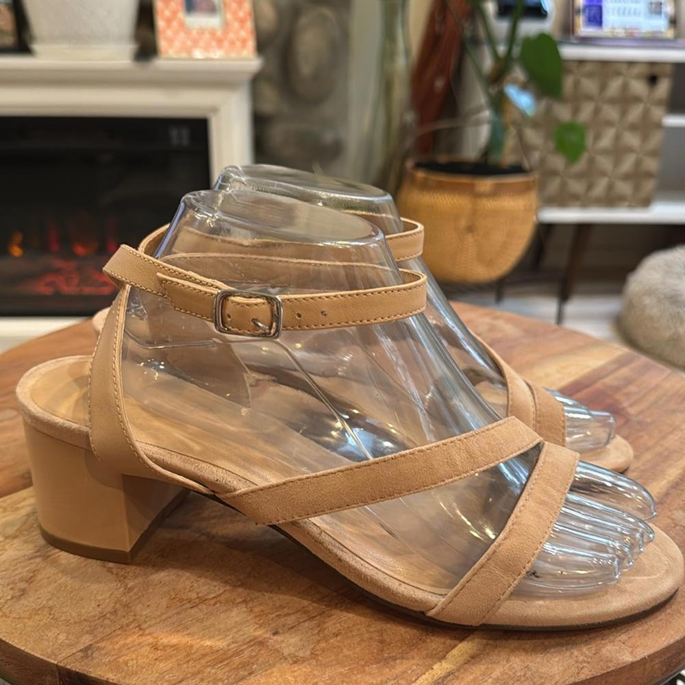 Rebecca Allen Block Sandy Ankle Strap Sandals Tan Leather Heel Size 9.5